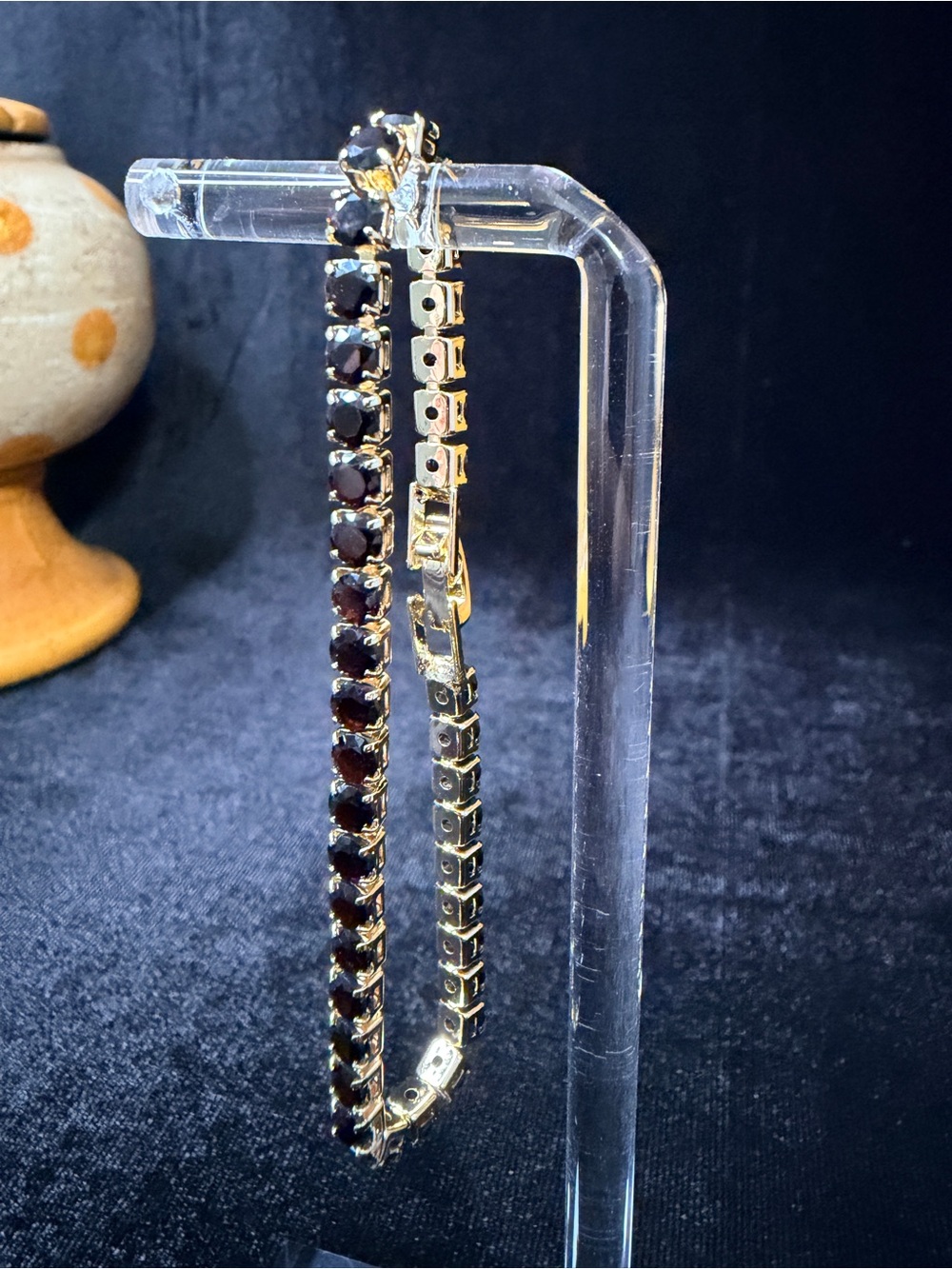 Beautiful Black Onyx Tennis Bracelet 7in 4MM 14K GP in Prong Set Metal Box Clasp